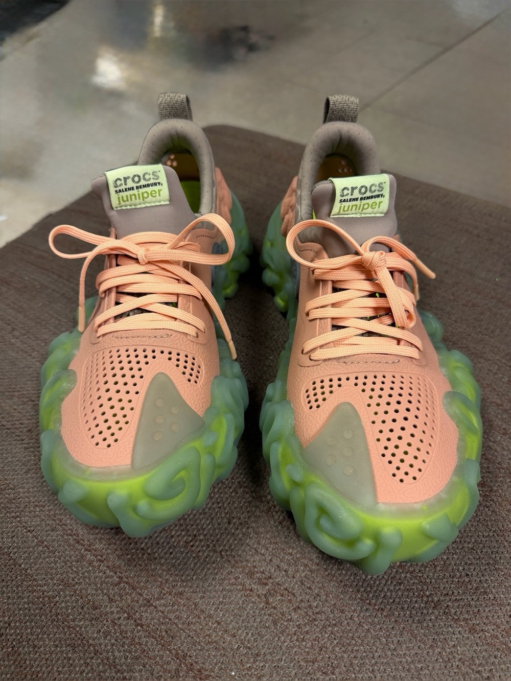 CROCS Juniper Peach Lace-Up Sneakers with Green Cloud Soles